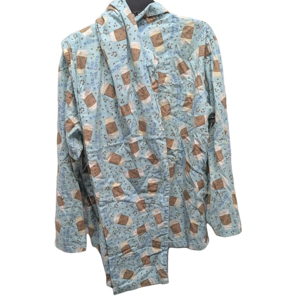 100% Cotton Coffee Lover Blue Long Sleeve Pants Pajamas Matching Set Size Medium